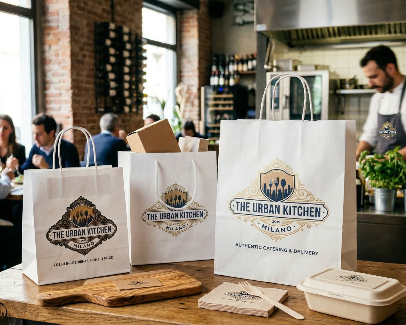 Shopper in carta brandizzate con logo per ristoranti e negozi