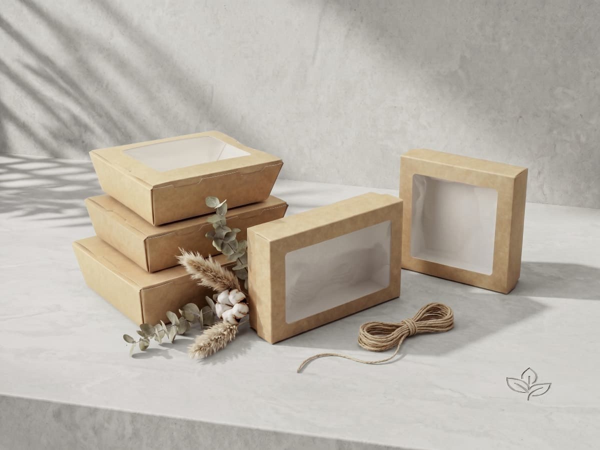 Window boxes and paper containers for counter products.